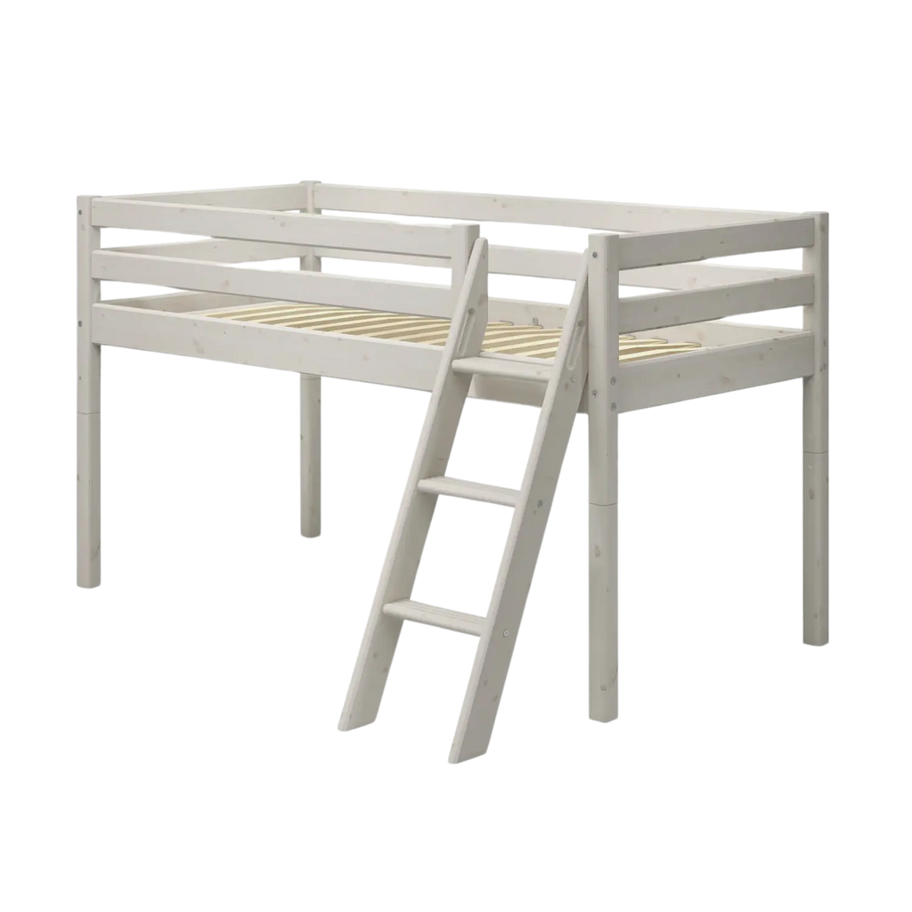 Lit mezzanine 120 cm avec échelle et barrière de sécurité, 90x200 cm, Blanc