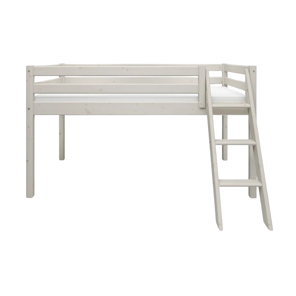 Lit mezzanine 120 cm avec échelle et barrière de sécurité, 90x200 cm, Blanc