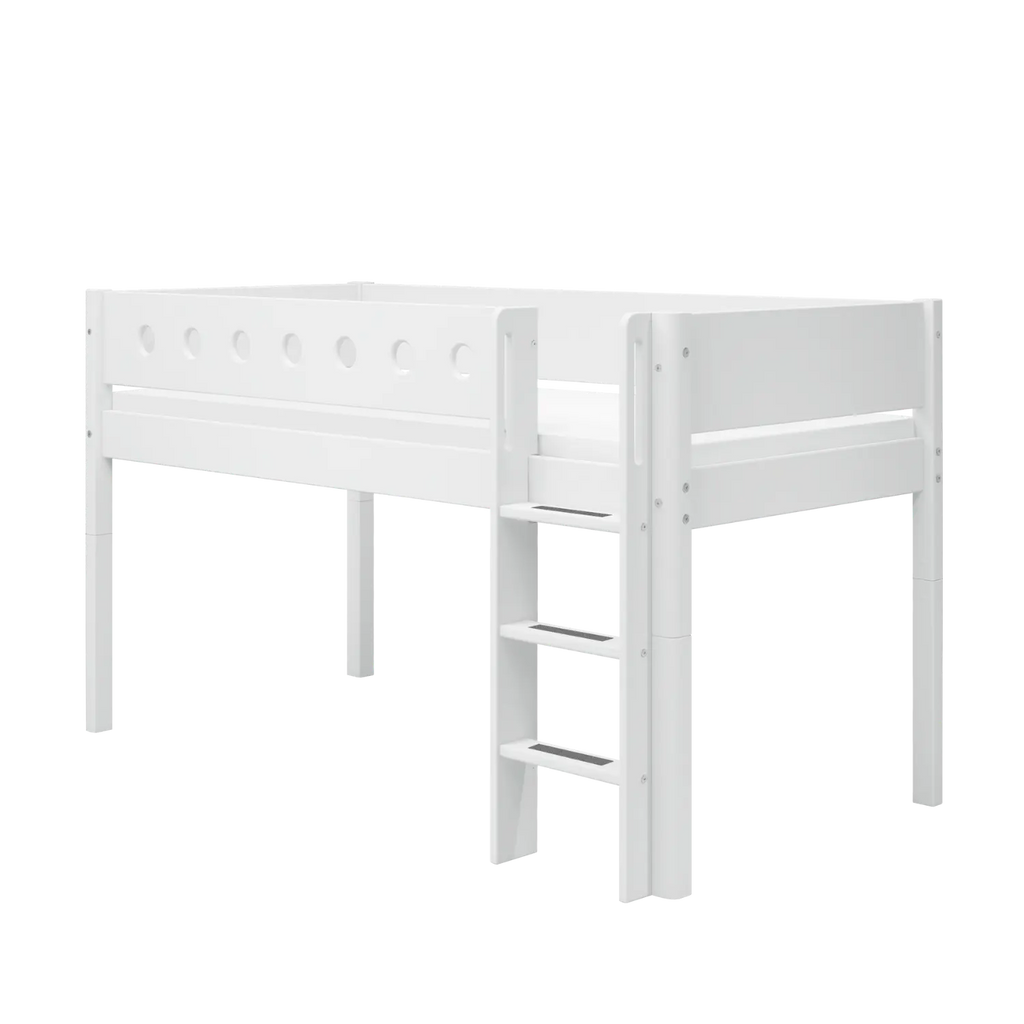 Lit mezzanine 120 cm avec échelle et barrière de sécurité, 90x200 cm, Blanc
