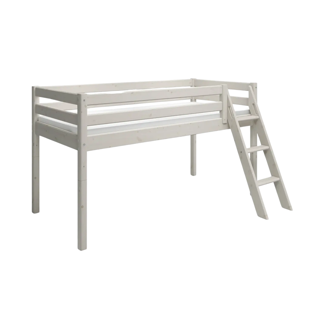 Lit mezzanine 120 cm avec échelle et barrière de sécurité, 90x200 cm, Blanc