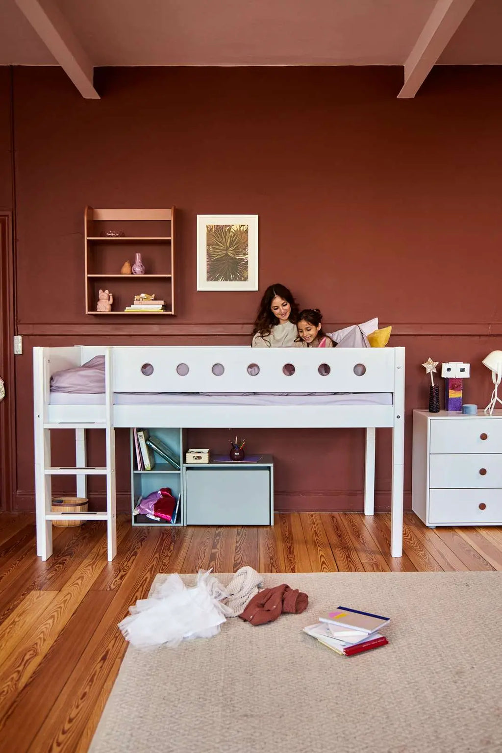 Lit mezzanine 120 cm avec échelle et barrière de sécurité, 90x200 cm, Blanc