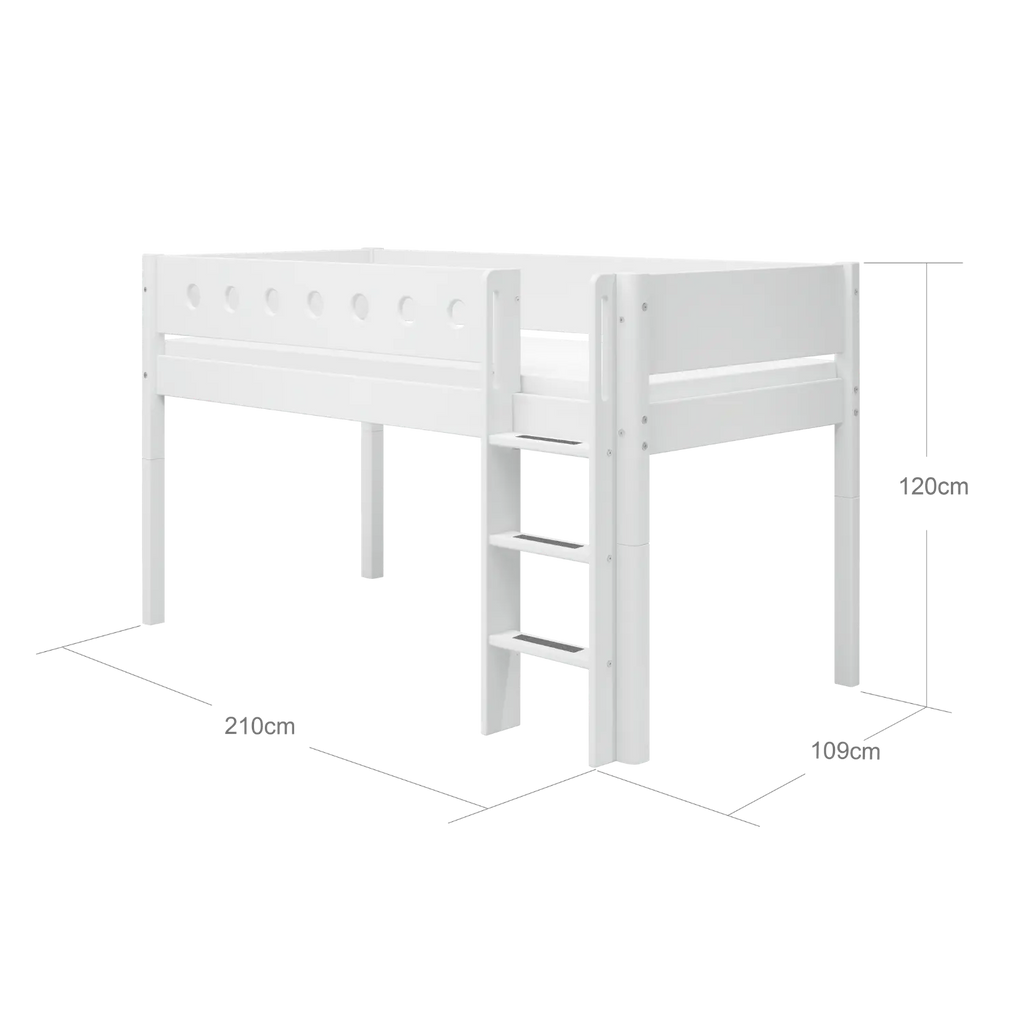 Lit mezzanine 120 cm avec échelle et barrière de sécurité, 90x200 cm, Blanc