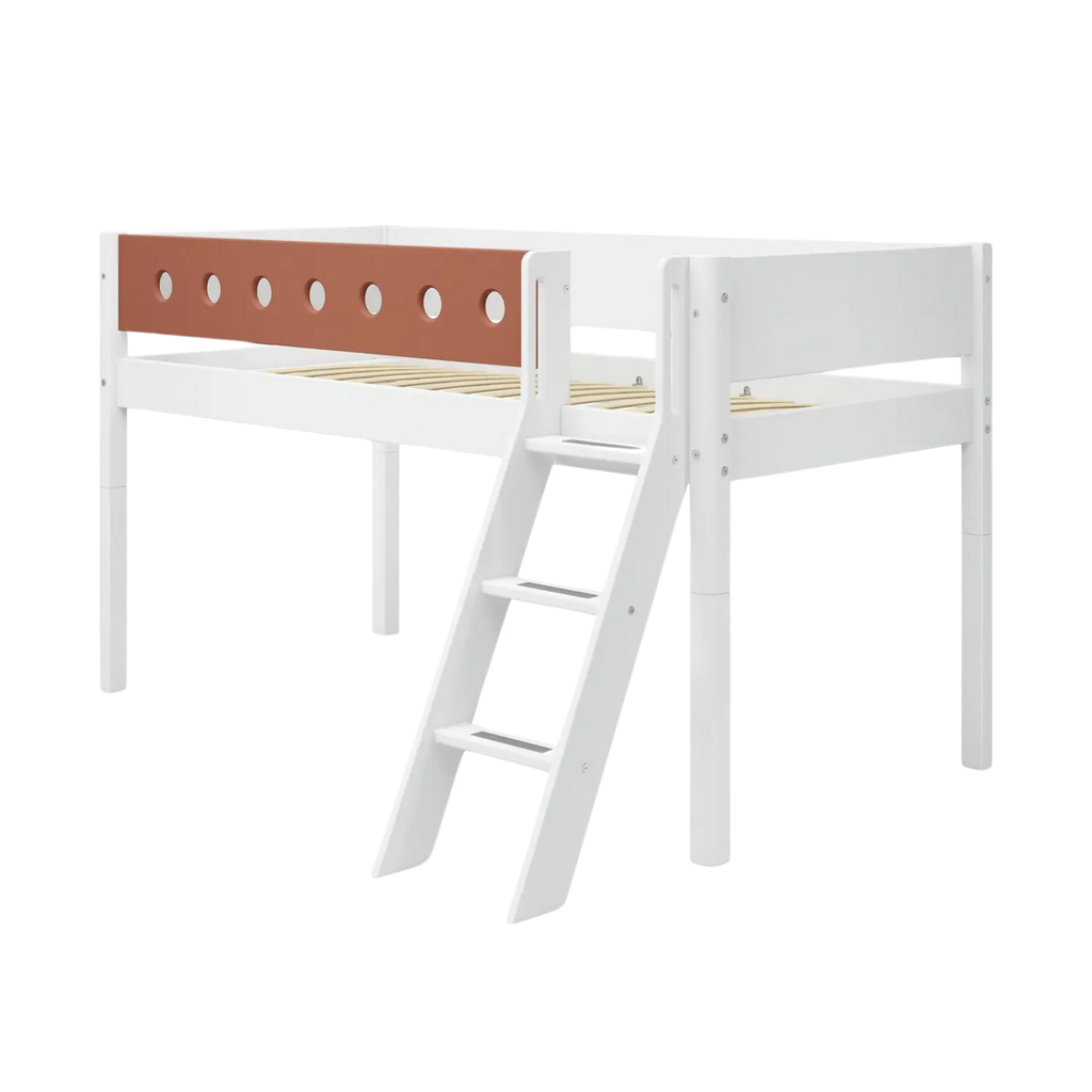 Lit haut 120 cm avec échelle et barrière de sécurité, 90x200 cm, Blanc