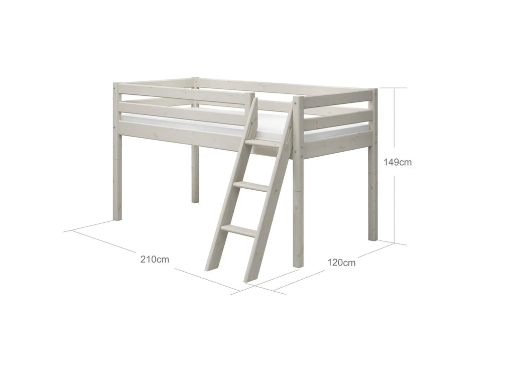 Lit mezzanine 120 cm avec échelle et barrière de sécurité, 90x200 cm, Blanc