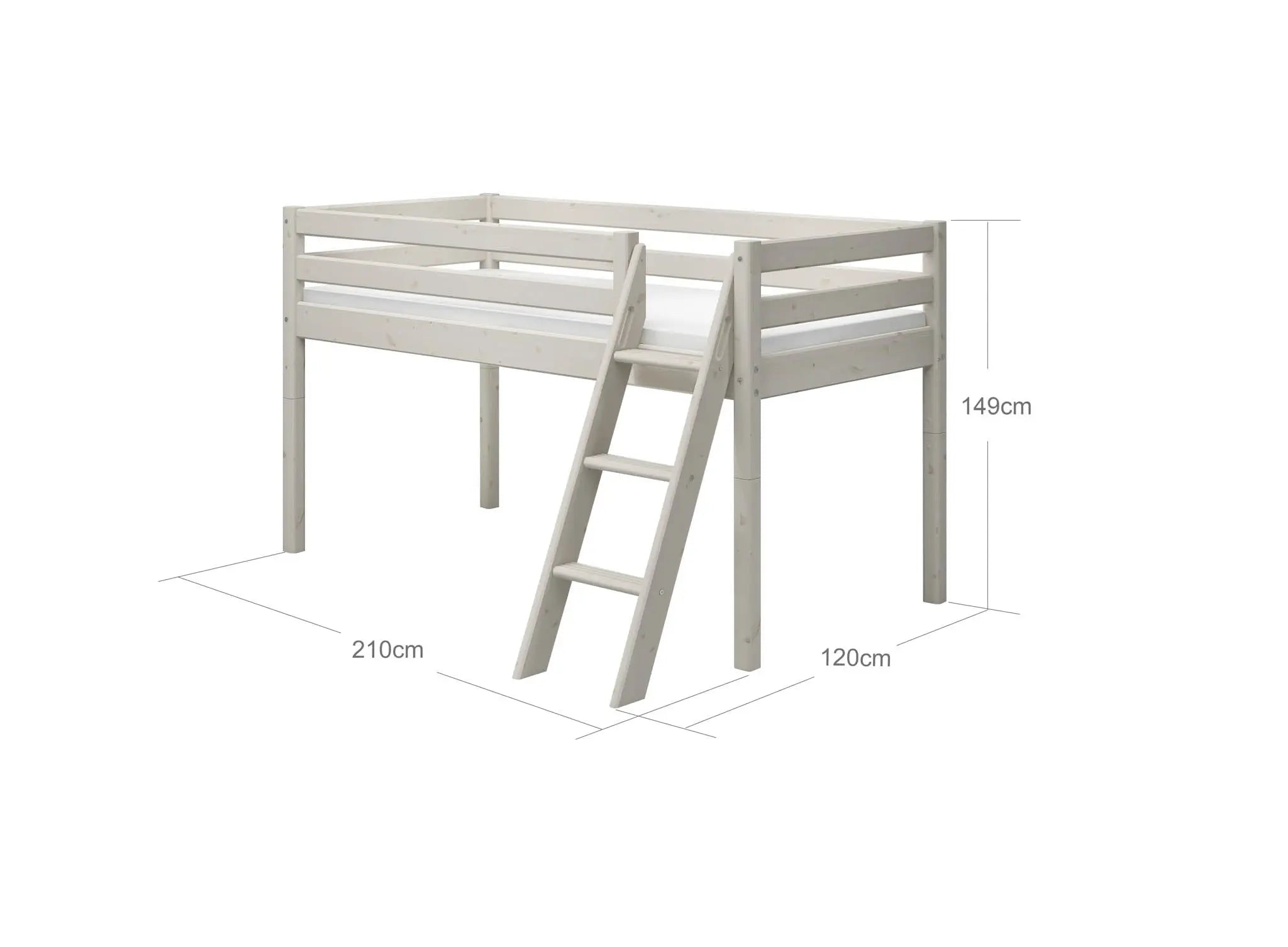 Lit mezzanine 120 cm avec échelle et barrière de sécurité, 90x200 cm, Blanc