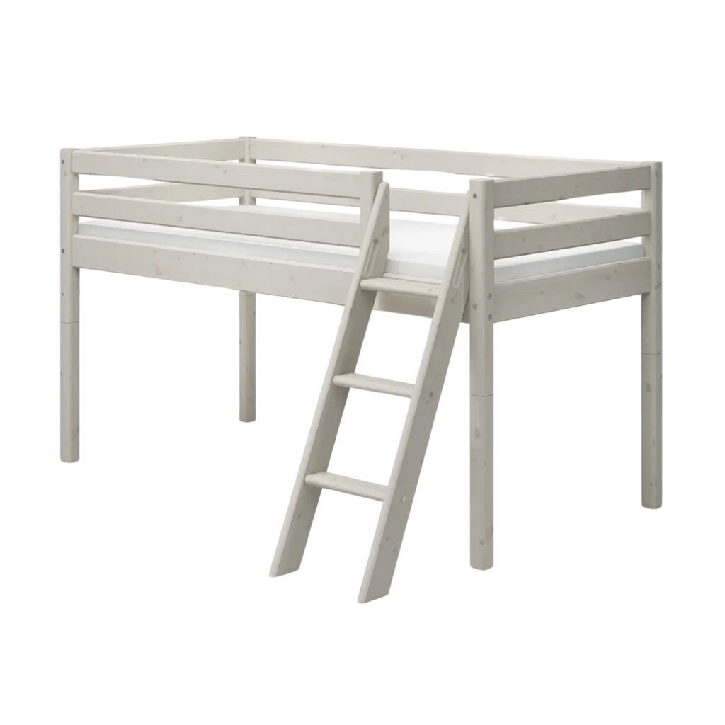 Lit mezzanine 120 cm avec échelle et barrière de sécurité, 90x200 cm, Blanc