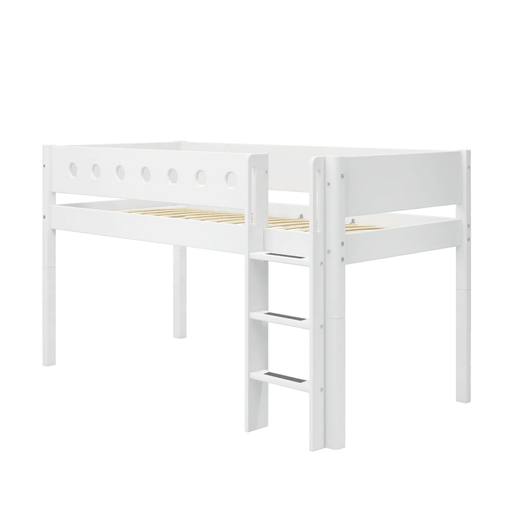 Lit mezzanine 120 cm avec échelle et barrière de sécurité, 90x200 cm, Blanc