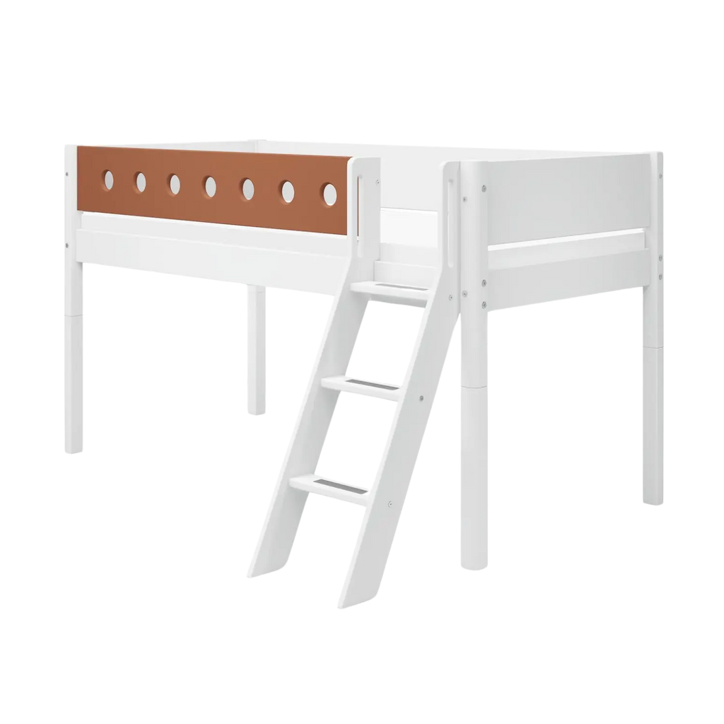 Lit haut 120 cm avec échelle et barrière de sécurité, 90x200 cm, Blanc