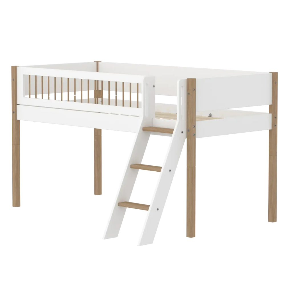 Lit surélevé 120 cm avec échelle et barrière de sécurité, 90x200 cm, Blanc/Chêne