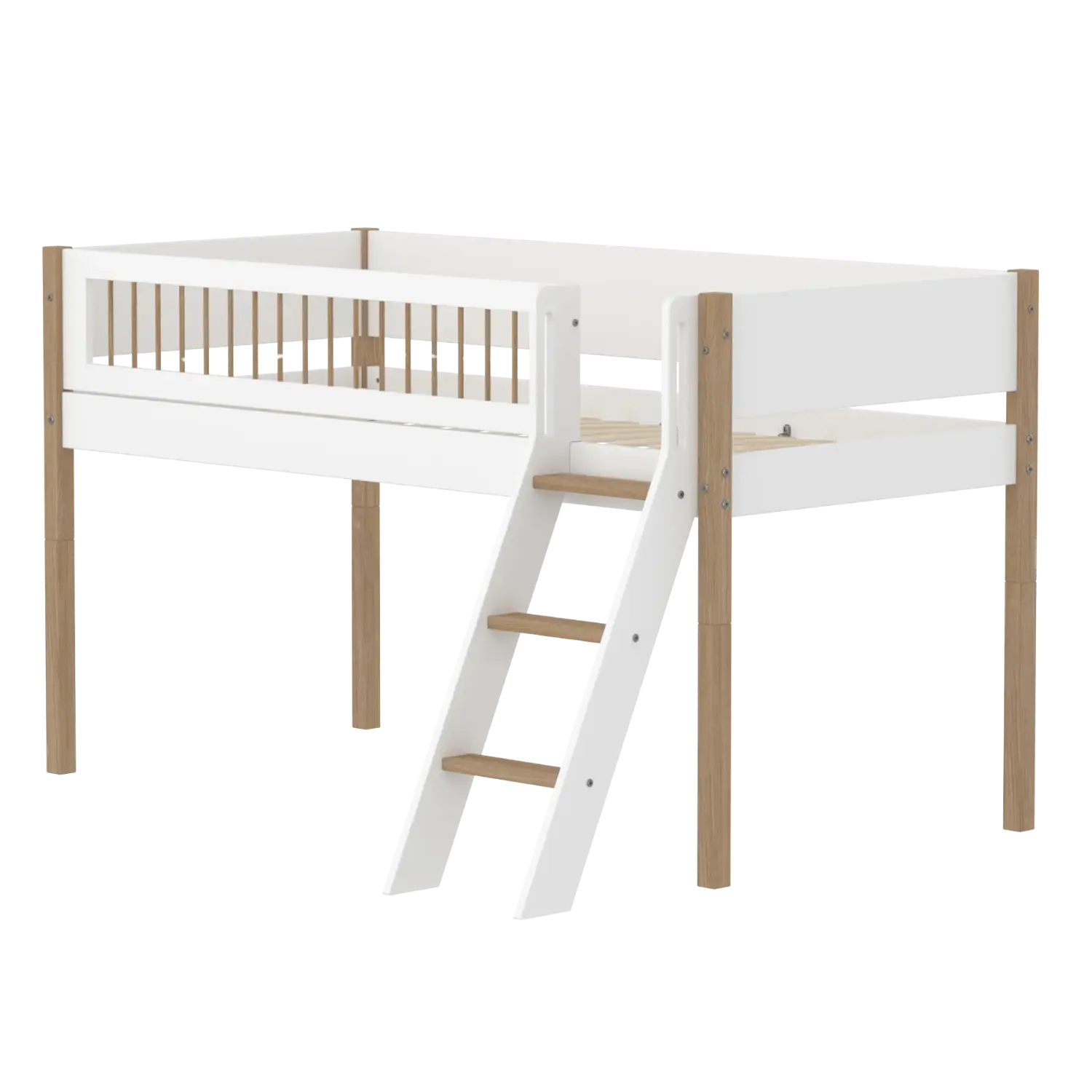 Lit surélevé 120 cm avec échelle et barrière de sécurité, 90x200 cm, Blanc/Chêne