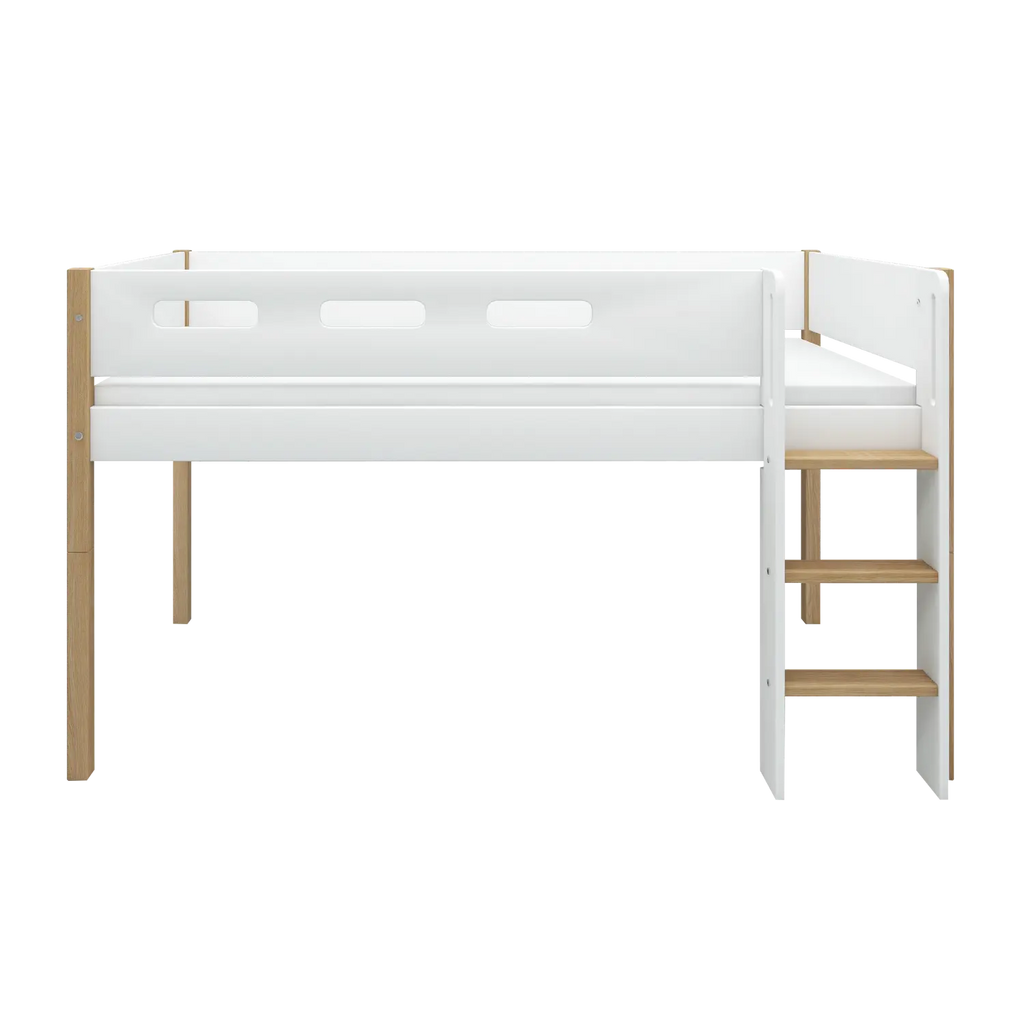 Lit surélevé 120 cm avec échelle et barrière de sécurité, 90x200 cm, Blanc/Chêne