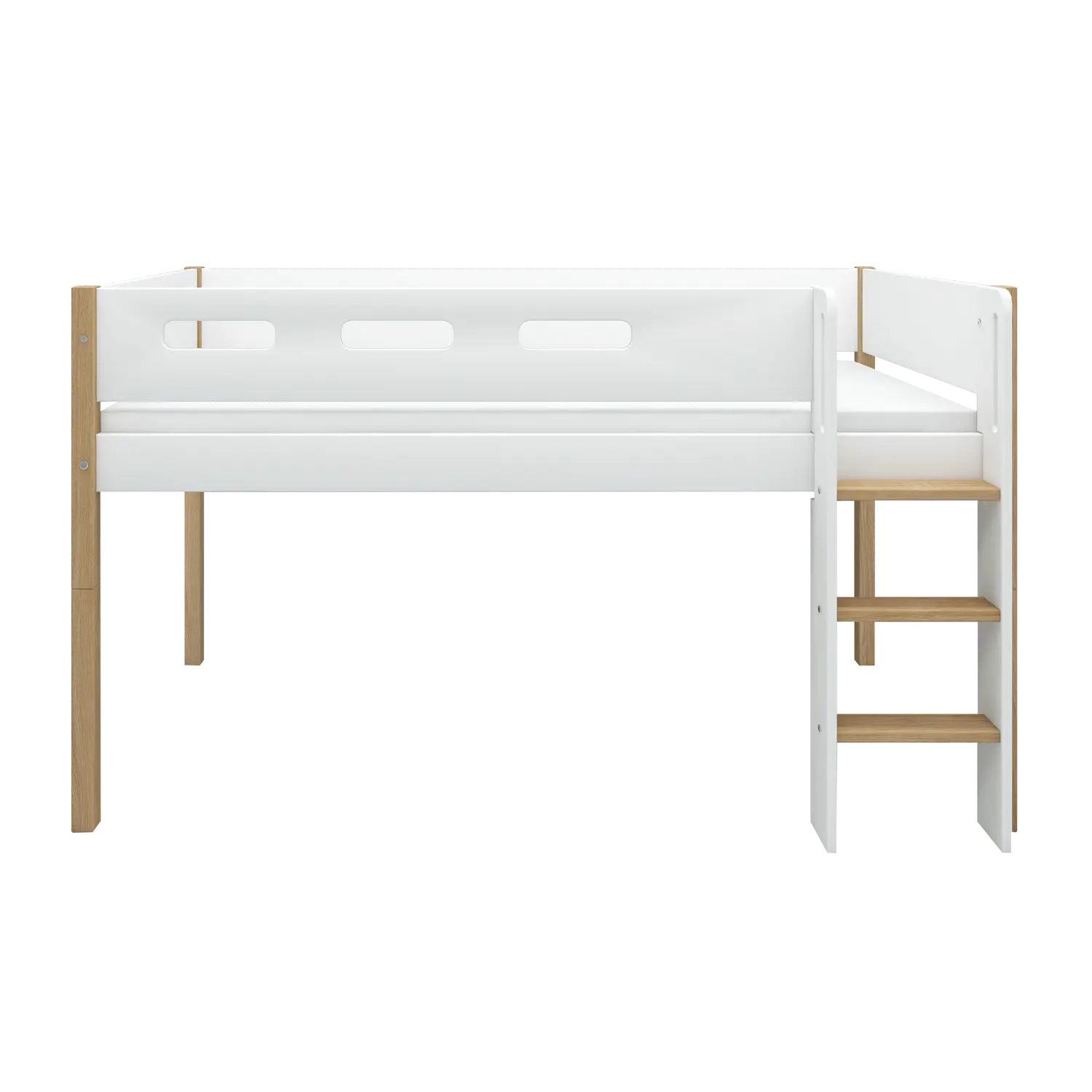 Lit surélevé 120 cm avec échelle et barrière de sécurité, 90x200 cm, Blanc/Chêne