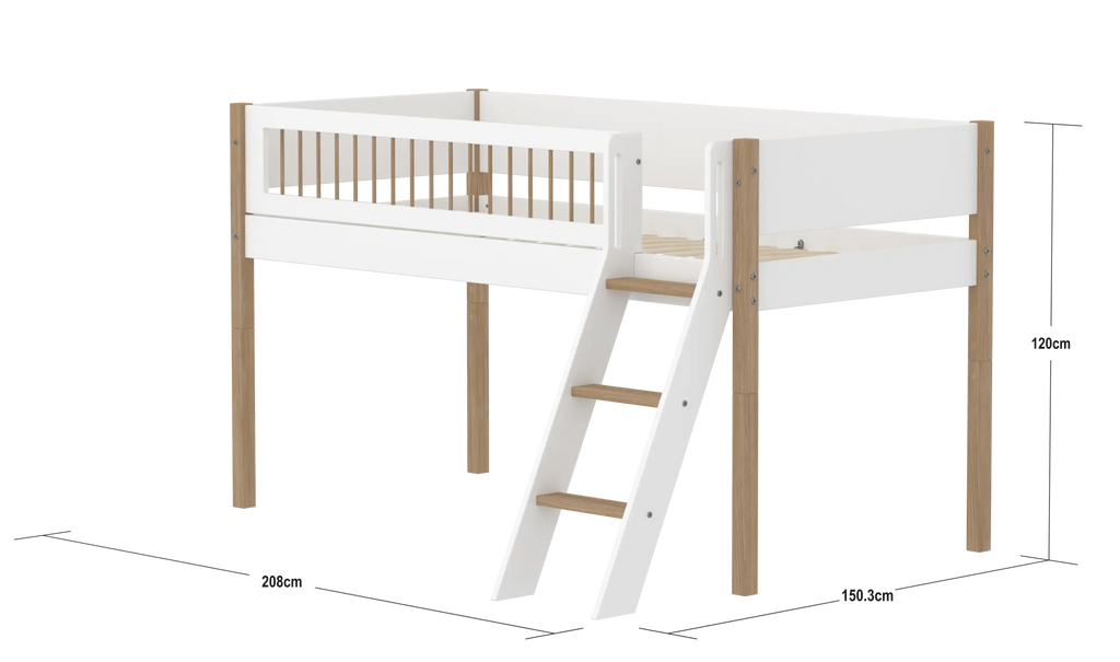 Lit surélevé 120 cm avec échelle et barrière de sécurité, 90x200 cm, Blanc/Chêne