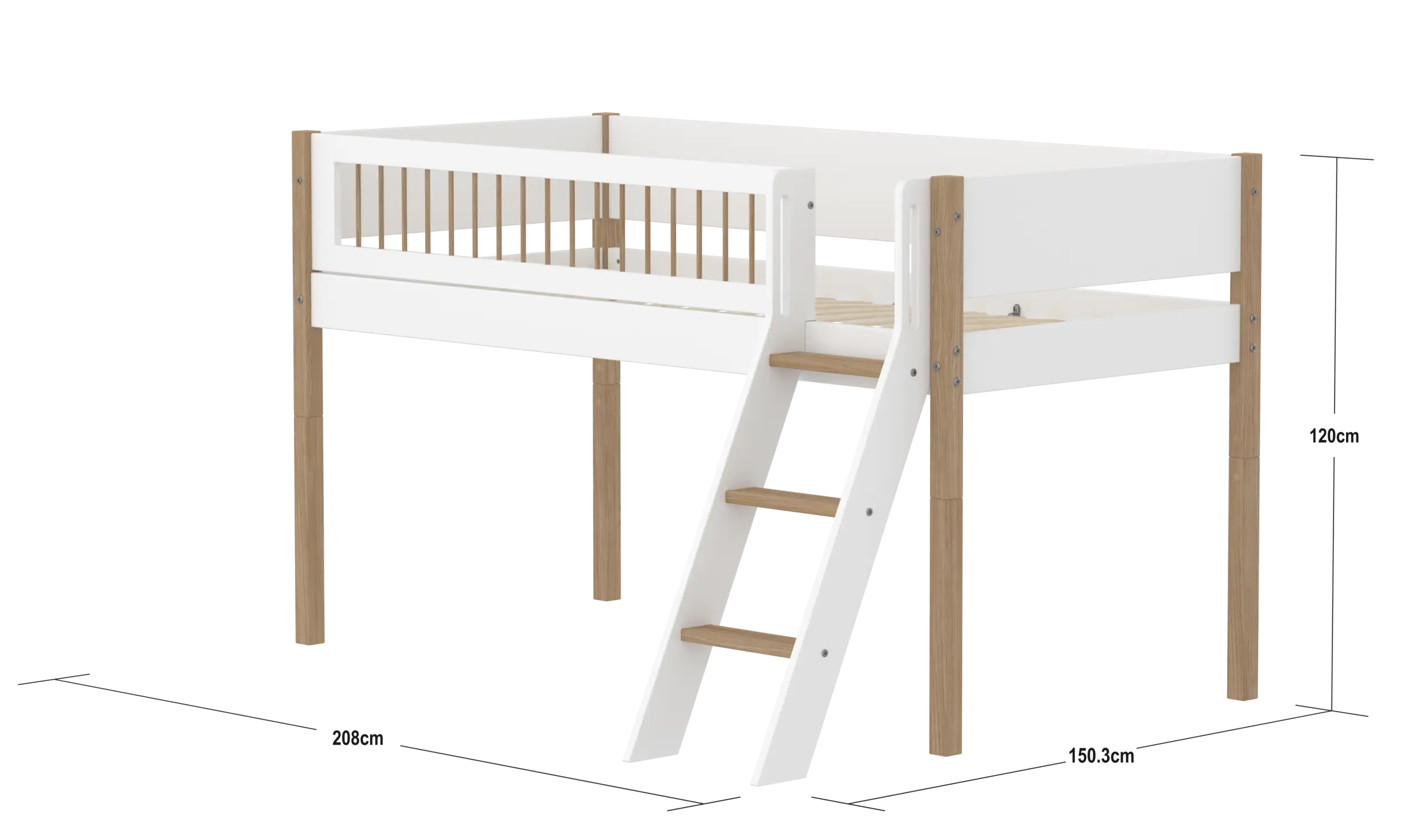 Lit surélevé 120 cm avec échelle et barrière de sécurité, 90x200 cm, Blanc/Chêne