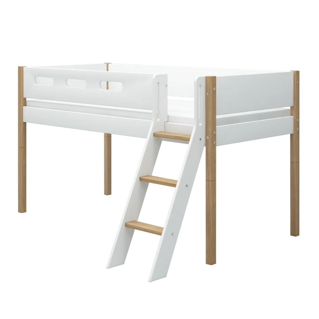 Lit surélevé 120 cm avec échelle et barrière de sécurité, 90x200 cm, Blanc/Chêne