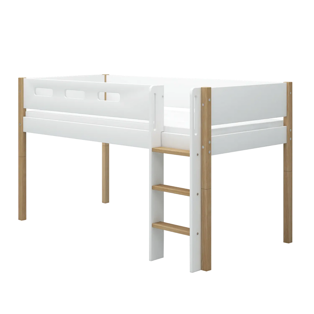 Lit surélevé 120 cm avec échelle et barrière de sécurité, 90x200 cm, Blanc/Chêne