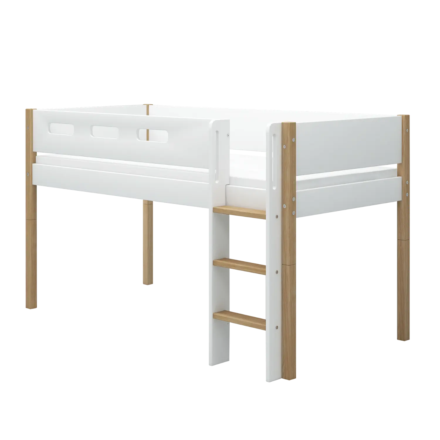 Lit surélevé 120 cm avec échelle et barrière de sécurité, 90x200 cm, Blanc/Chêne