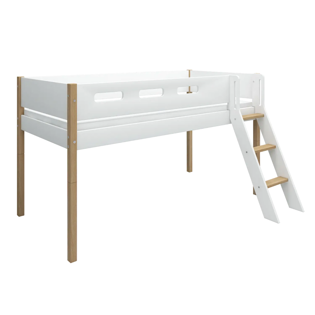 Lit surélevé 120 cm avec échelle et barrière de sécurité, 90x200 cm, Blanc/Chêne