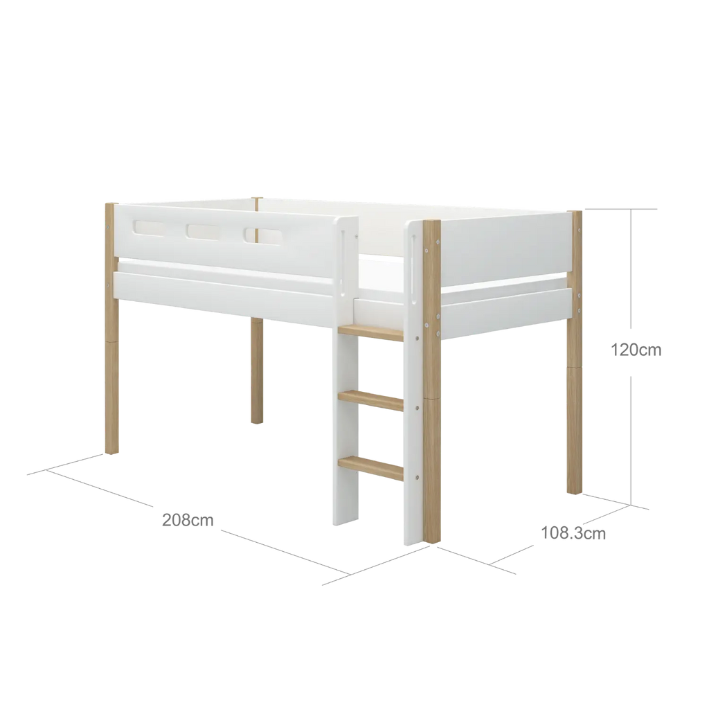 Lit surélevé 120 cm avec échelle et barrière de sécurité, 90x200 cm, Blanc/Chêne
