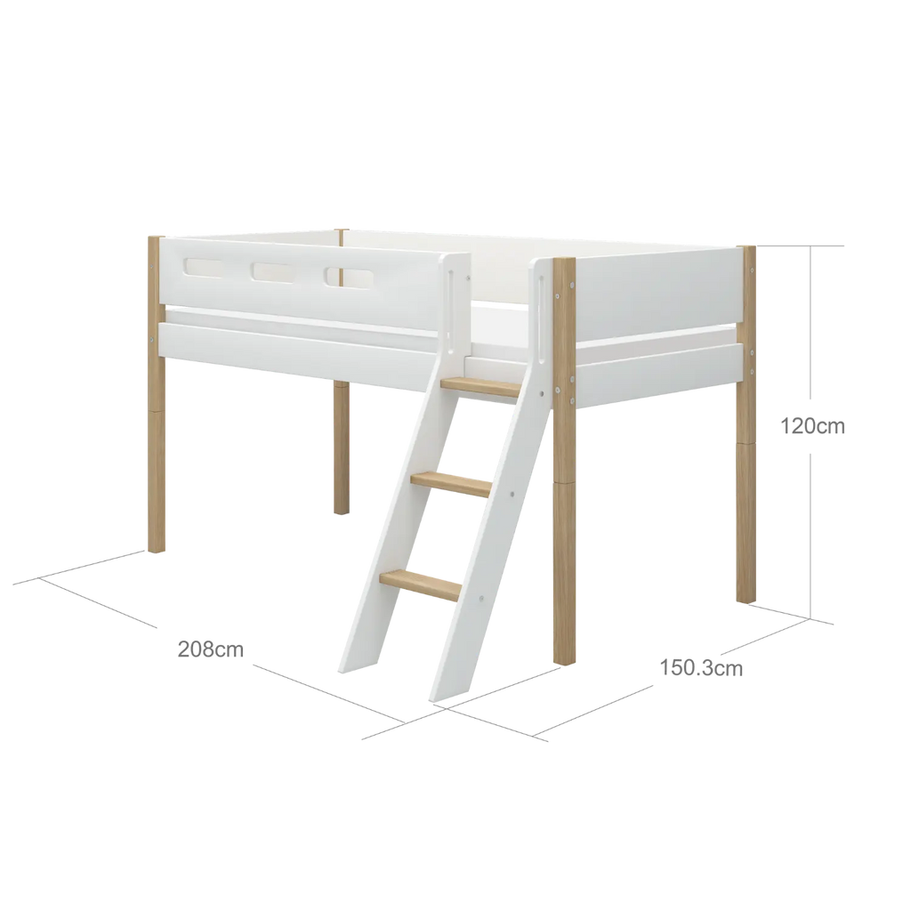Lit surélevé 120 cm avec échelle et barrière de sécurité, 90x200 cm, Blanc/Chêne