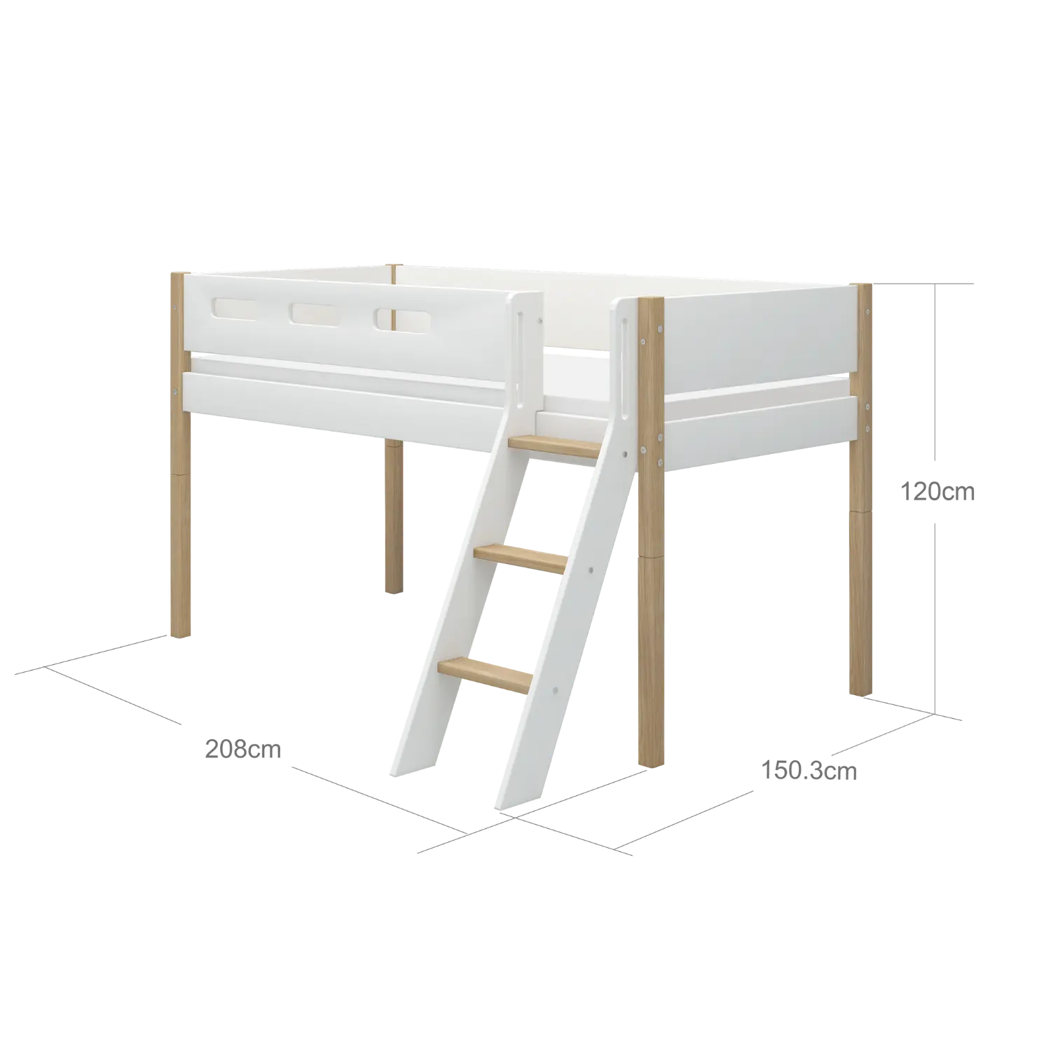 Lit surélevé 120 cm avec échelle et barrière de sécurité, 90x200 cm, Blanc/Chêne