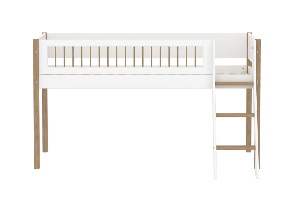 Lit surélevé 120 cm avec échelle et barrière de sécurité, 90x200 cm, Blanc/Chêne