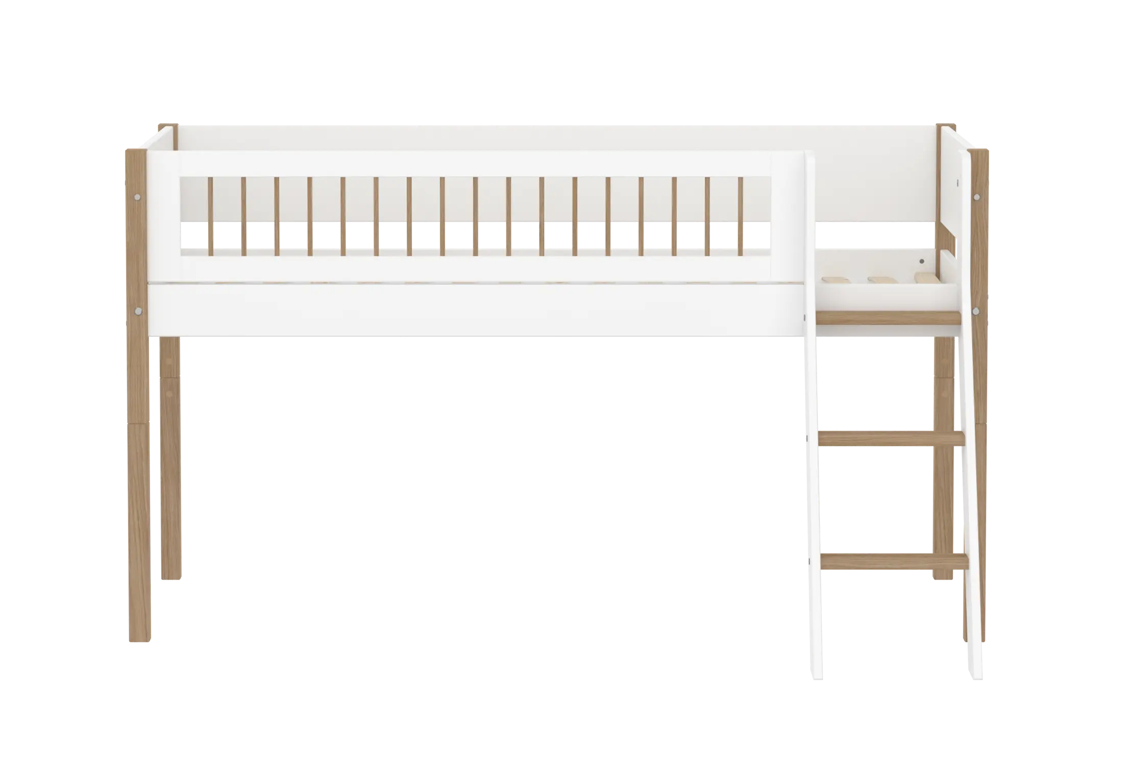 Lit surélevé 120 cm avec échelle et barrière de sécurité, 90x200 cm, Blanc/Chêne