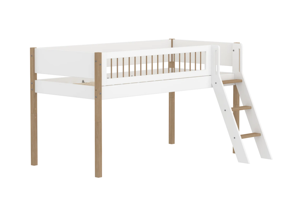 Lit surélevé 120 cm avec échelle et barrière de sécurité, 90x200 cm, Blanc/Chêne