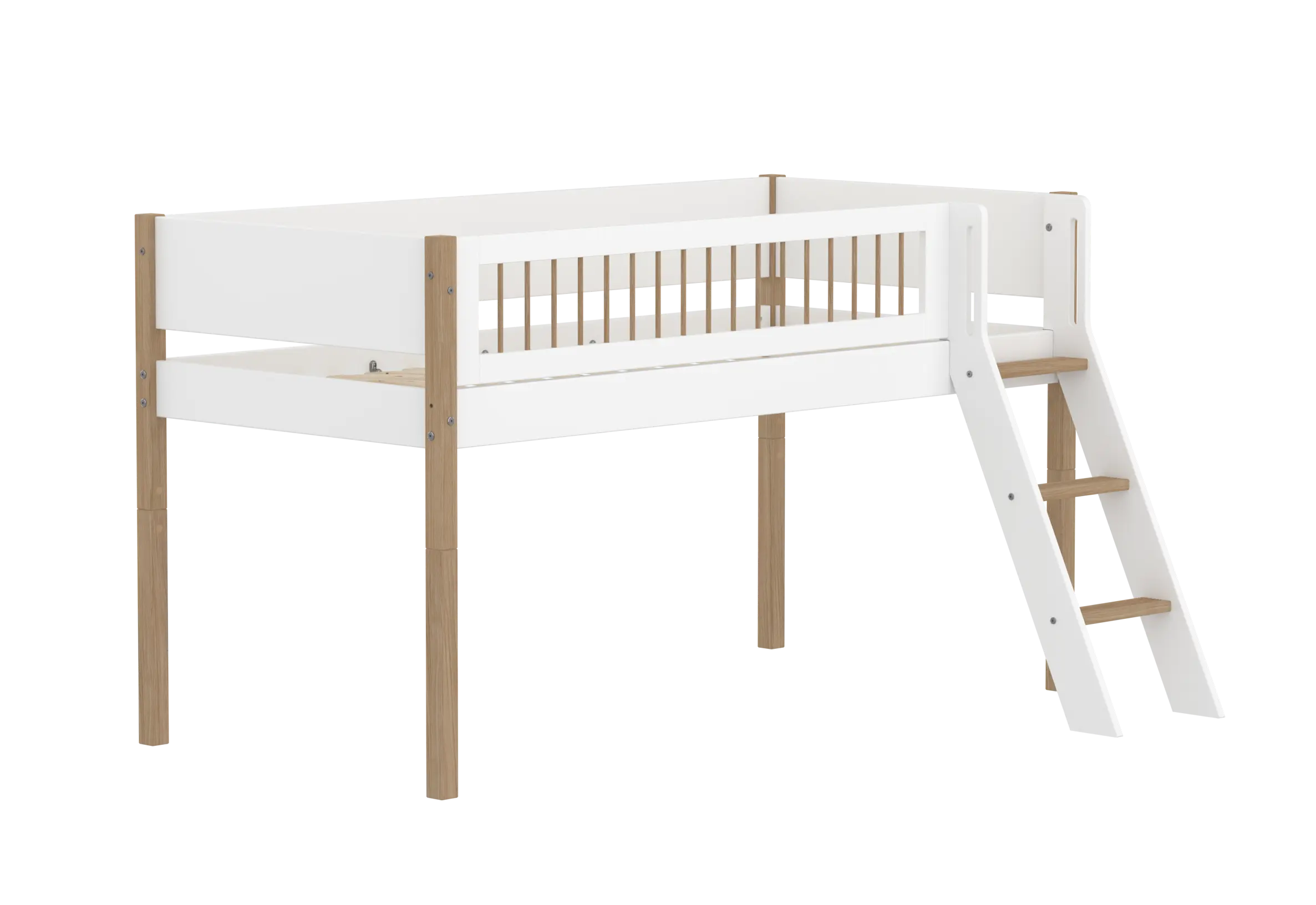 Lit surélevé 120 cm avec échelle et barrière de sécurité, 90x200 cm, Blanc/Chêne