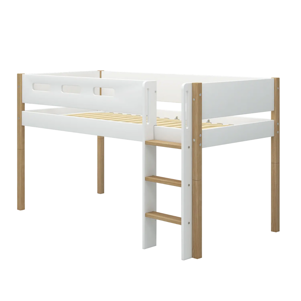 Lit surélevé 120 cm avec échelle et barrière de sécurité, 90x200 cm, Blanc/Chêne