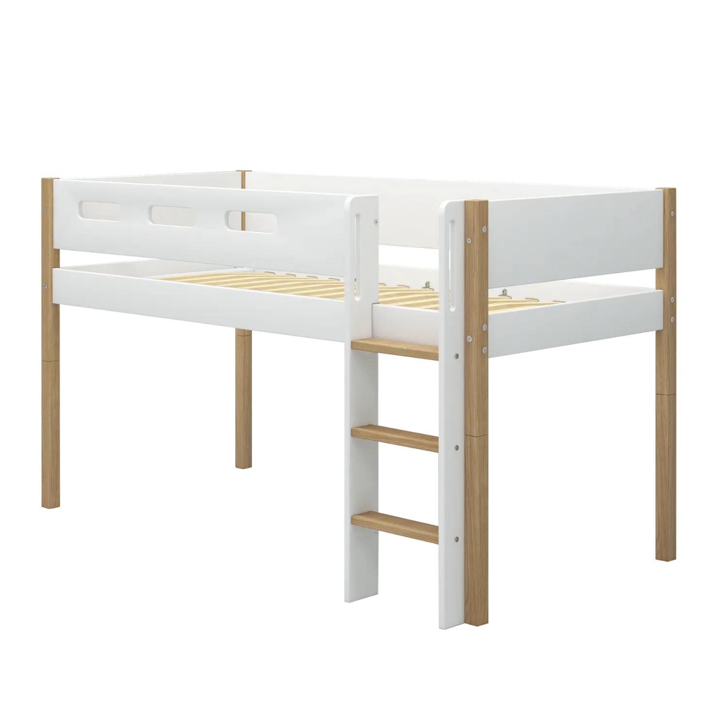 Lit surélevé 120 cm avec échelle et barrière de sécurité, 90x200 cm, Blanc/Chêne
