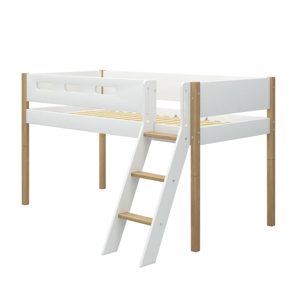 Lit surélevé 120 cm avec échelle et barrière de sécurité, 90x200 cm, Blanc/Chêne