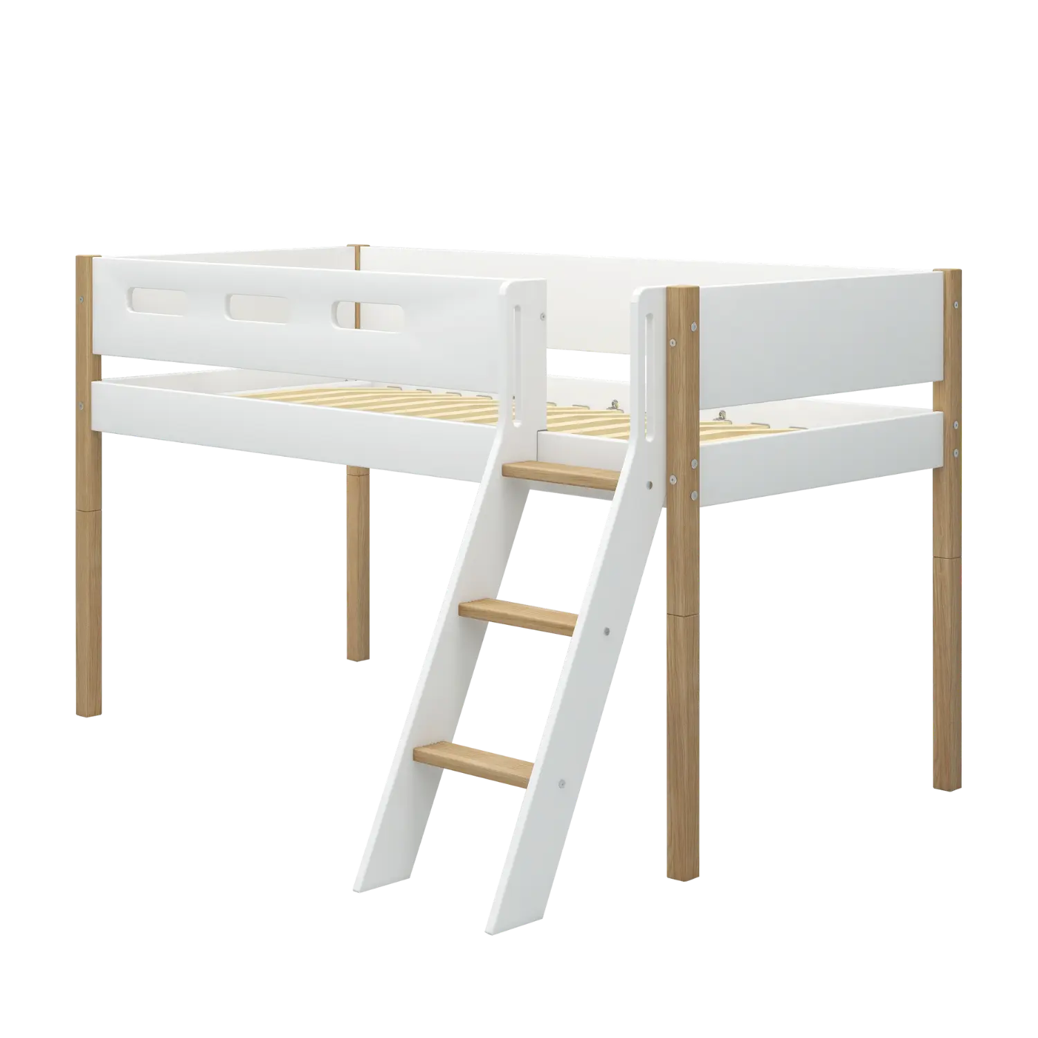 Lit surélevé 120 cm avec échelle et barrière de sécurité, 90x200 cm, Blanc/Chêne