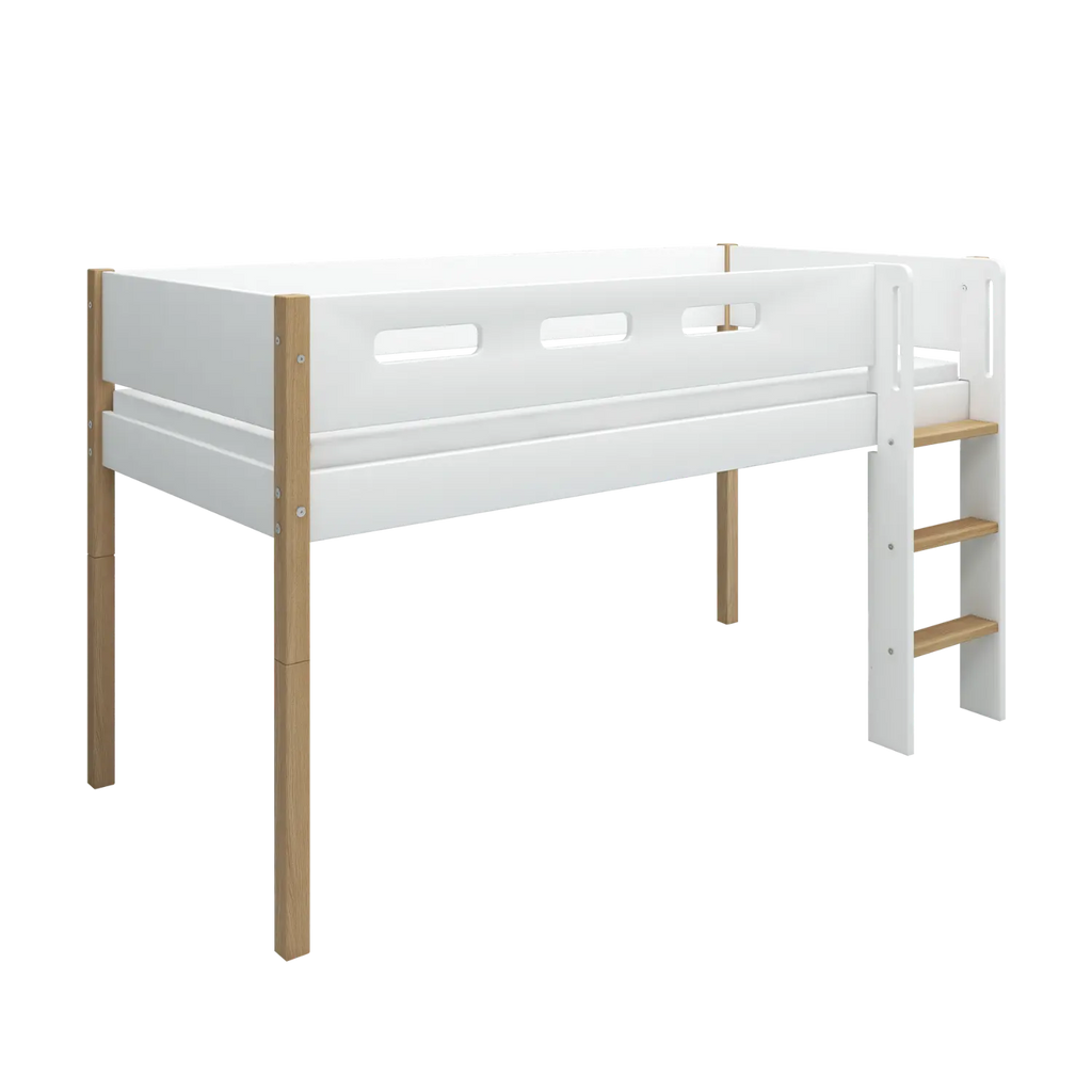 Lit surélevé 120 cm avec échelle et barrière de sécurité, 90x200 cm, Blanc/Chêne