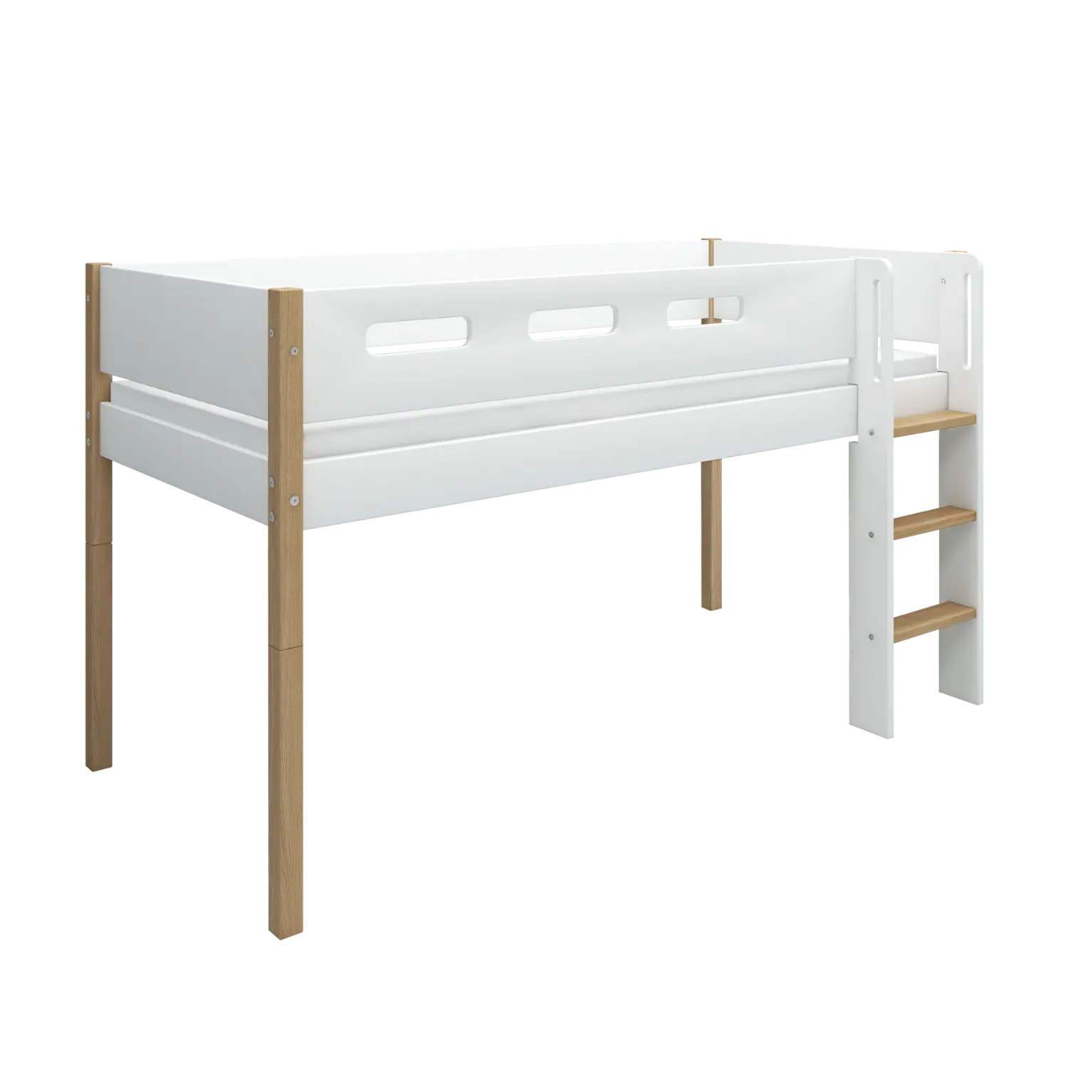 Lit surélevé 120 cm avec échelle et barrière de sécurité, 90x200 cm, Blanc/Chêne