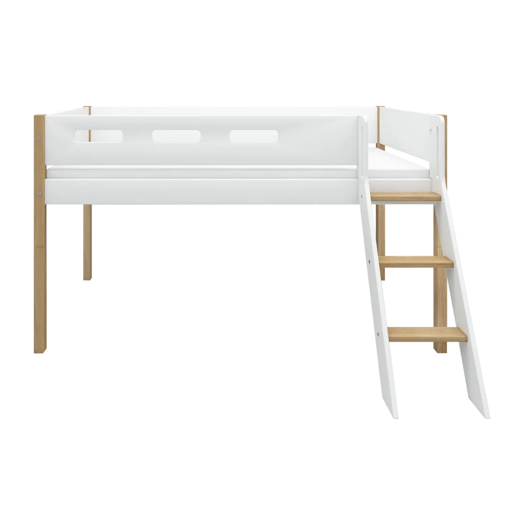 Lit surélevé 120 cm avec échelle et barrière de sécurité, 90x200 cm, Blanc/Chêne