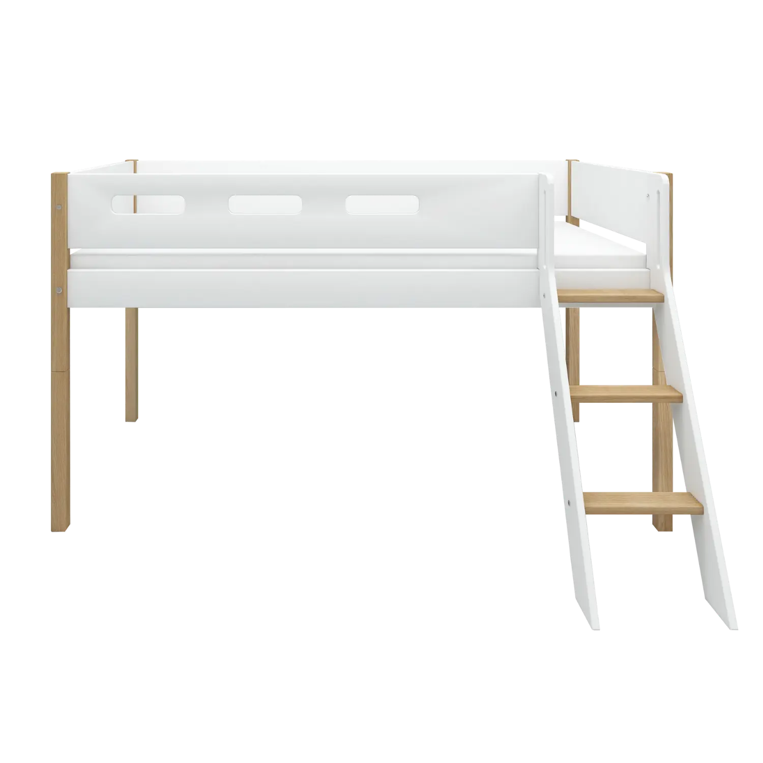 Lit surélevé 120 cm avec échelle et barrière de sécurité, 90x200 cm, Blanc/Chêne