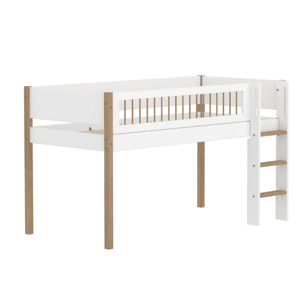 Lit mezzanine 120 cm avec échelle et barrière de sécurité, 90x200 cm, Blanc/Chêne