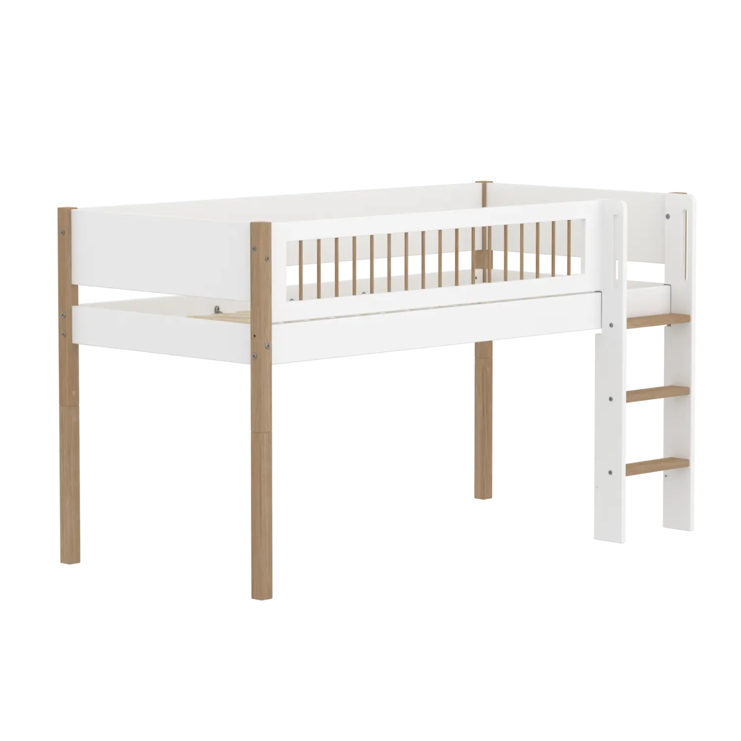 Lit mezzanine 120 cm avec échelle et barrière de sécurité, 90x200 cm, Blanc/Chêne