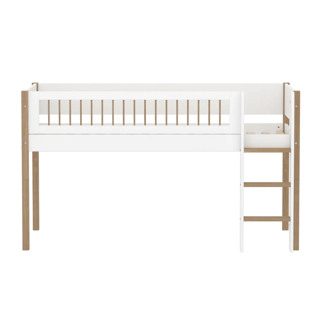 Lit mezzanine 120 cm avec échelle et barrière de sécurité, 90x200 cm, Blanc/Chêne