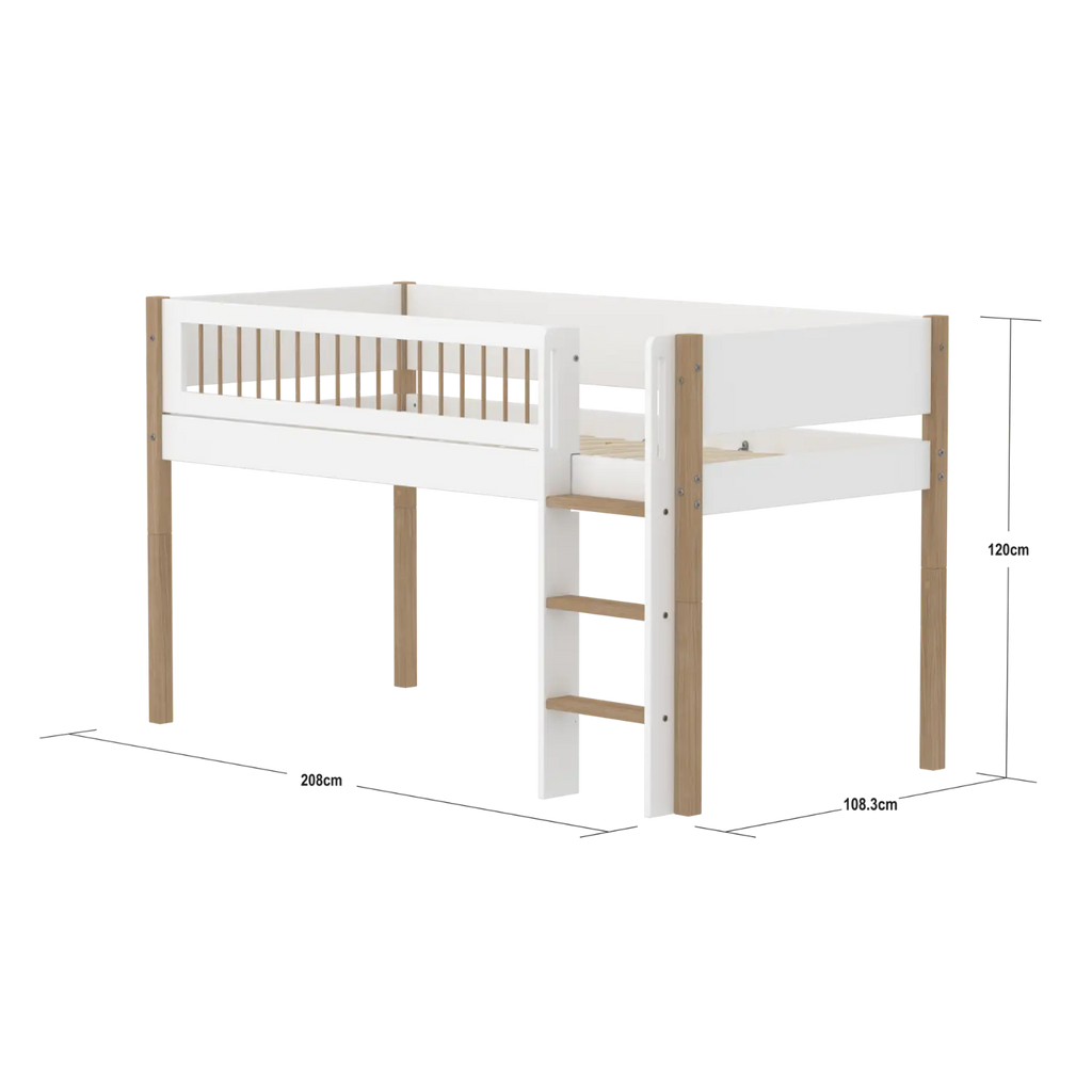 Lit mezzanine 120 cm avec échelle et barrière de sécurité, 90x200 cm, Blanc/Chêne