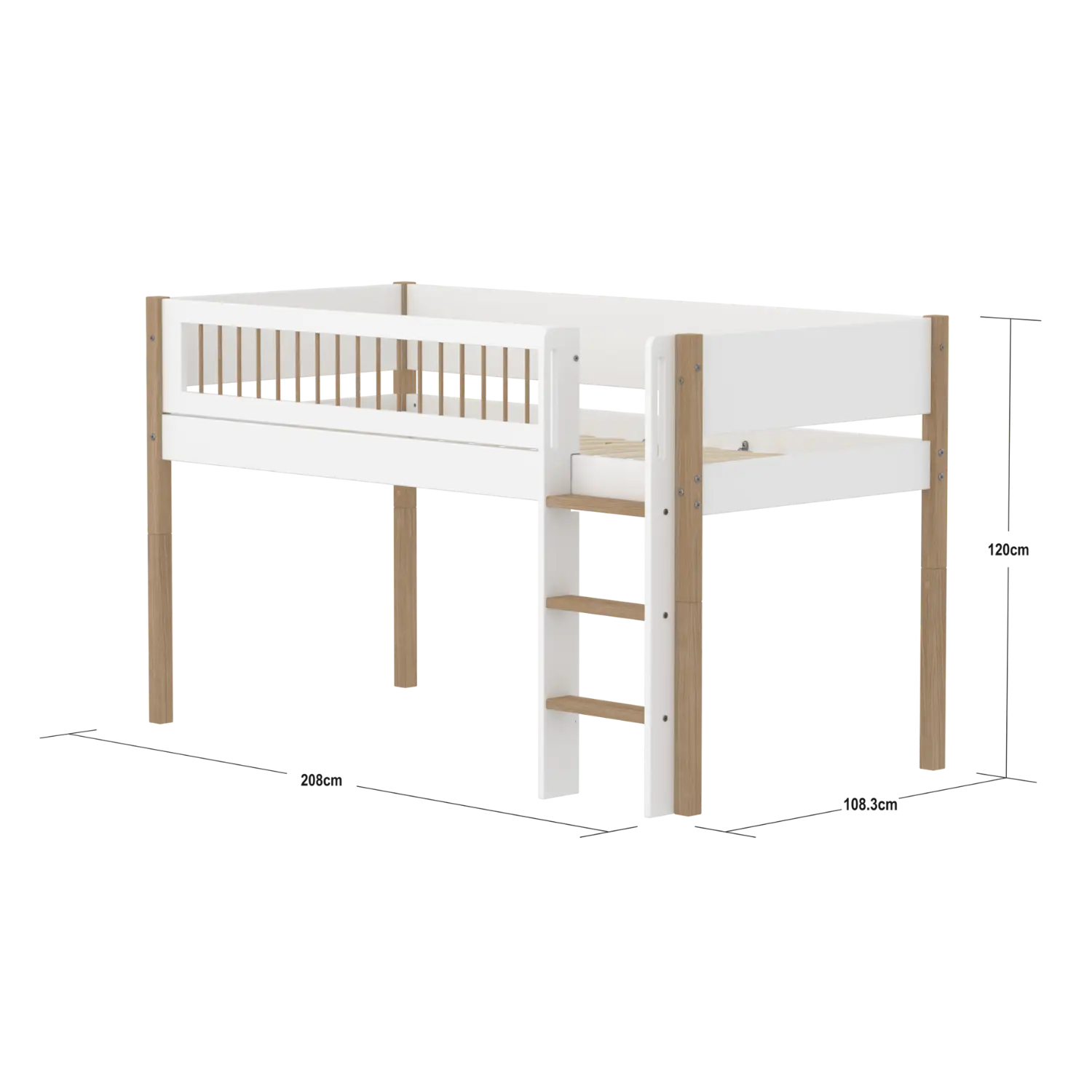 Lit mezzanine 120 cm avec échelle et barrière de sécurité, 90x200 cm, Blanc/Chêne