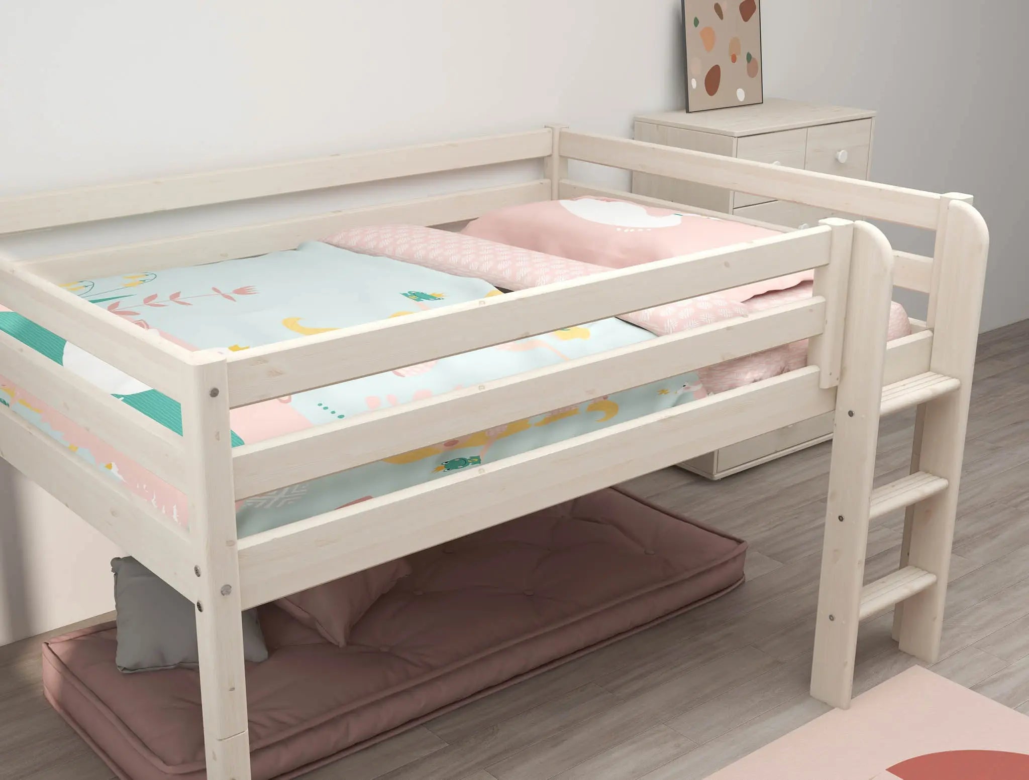 Lit mezzanine 120 cm avec barrière de sécurité et échelle, 140x200 cm, Blanc