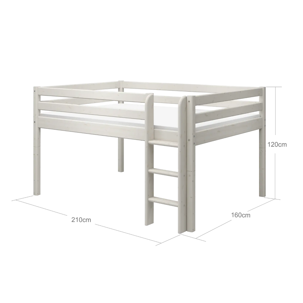 Lit mezzanine 120 cm avec barrière de sécurité et échelle, 140x200 cm, Blanc