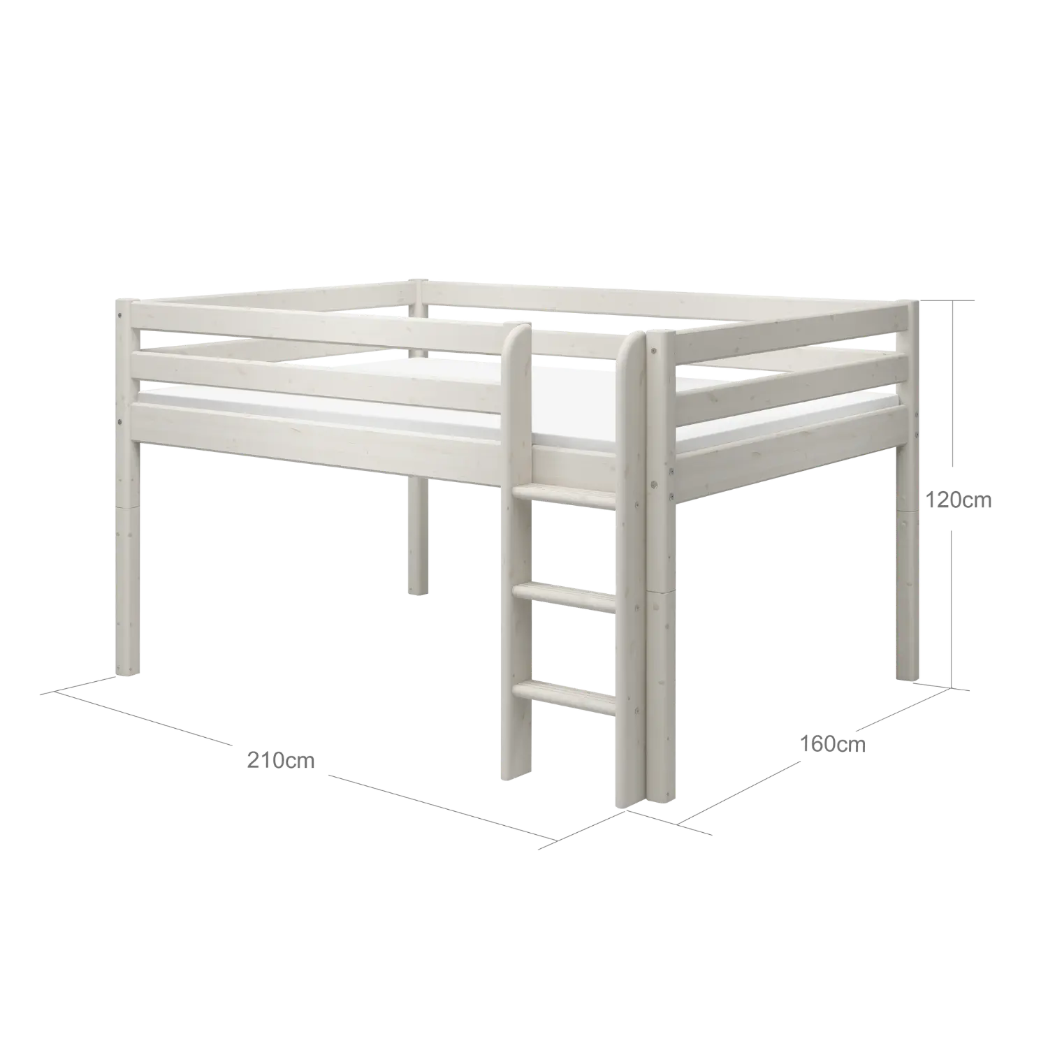 Lit mezzanine 120 cm avec barrière de sécurité et échelle, 140x200 cm, Blanc