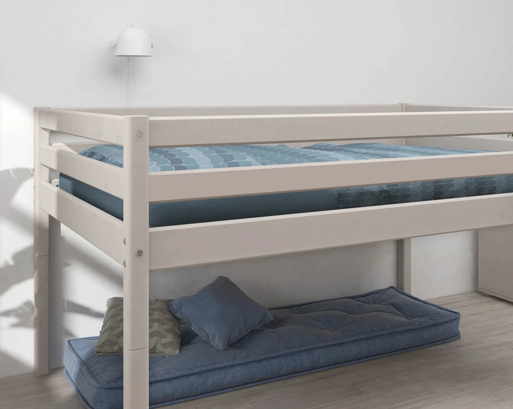 Lit mezzanine 120 cm avec barrière de sécurité et échelle, 140x200 cm, Blanc