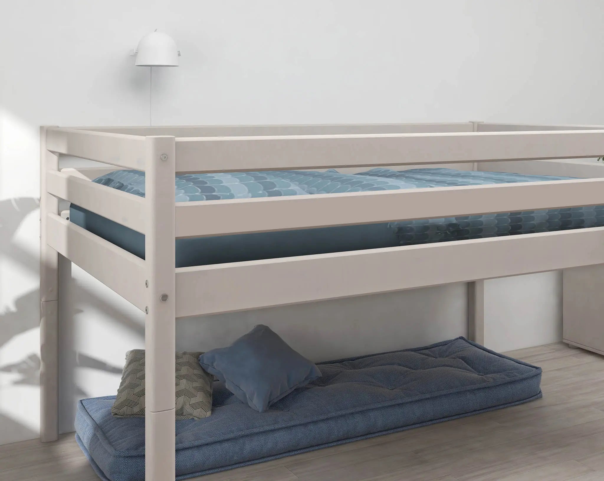 Lit mezzanine 120 cm avec barrière de sécurité et échelle, 140x200 cm, Blanc