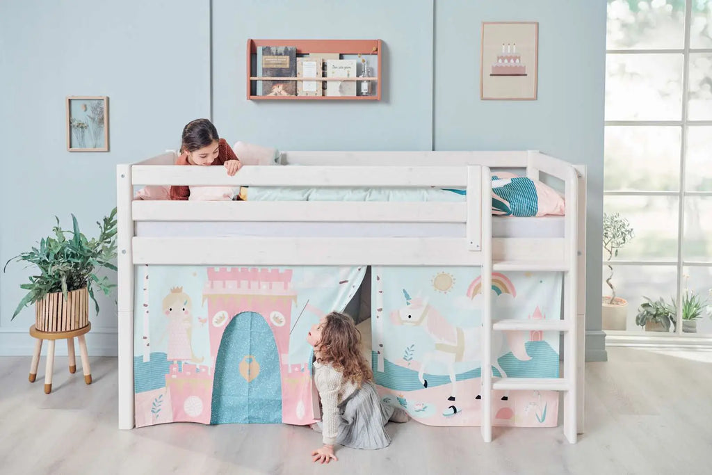 Lit haut 120 cm avec barrière de sécurité et échelle, 90x200 cm, Blanc