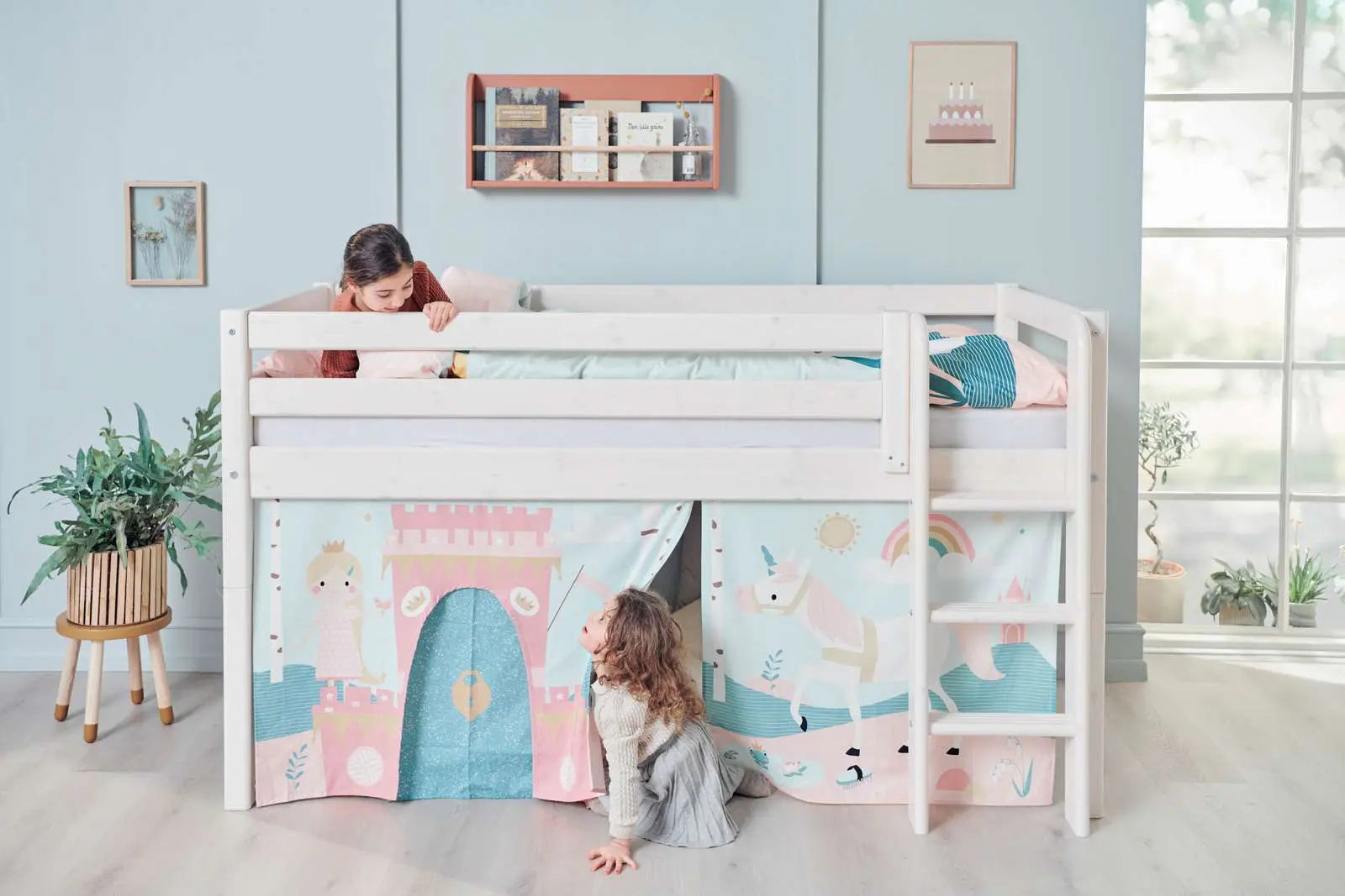Lit haut 120 cm avec barrière de sécurité et échelle, 90x200 cm, Blanc