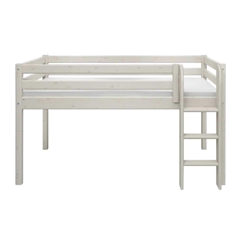 Lit haut 120 cm avec barrière de sécurité et échelle, 90x200 cm, Blanc